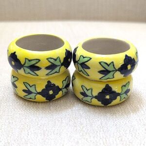 Yellow Ceramic Round Floral Napkin Rings Set of 4 Vintage Hand Painted
